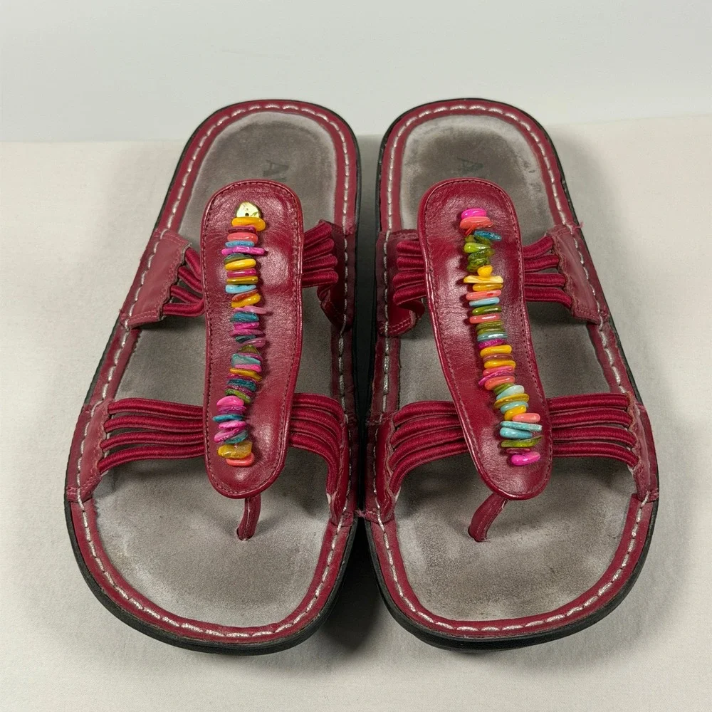 Alegria Red Leather Beaded Sandals PIS-615 Womens 39 Multi-Color Boho Slide